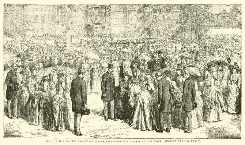 Kraliçe ve Galler Prensi, Royal Jubilee Garden partisinde konukları karşılarken by English School