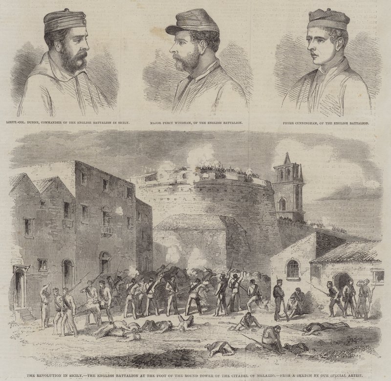 The Revolution in Sicily, the English Battalion at the Foot of the Round Tower of the Citadel of Melazzo (engraving) by English School
