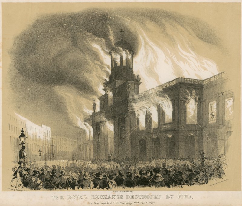 Royal Exchange, Londra, 10 Ocak 1838 gecesi yangınla yok edildi. by English School