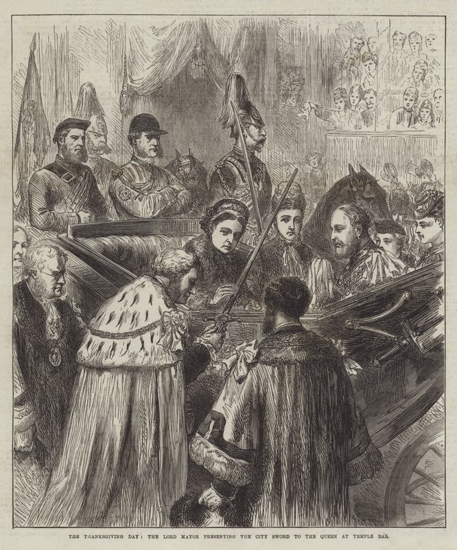 Şükran Günü, Belediye Başkanı Temple Bar'da Şehir Kılıcını Kraliçe'ye sunarken (gravür) by English School