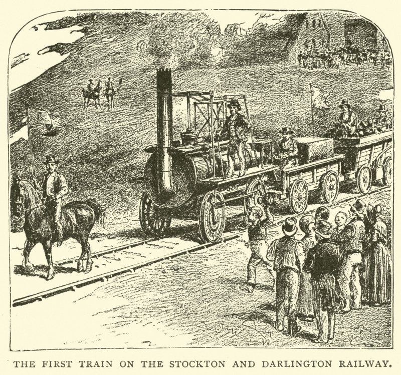 Stockton ve Darlington Demiryolundaki ilk tren by English School