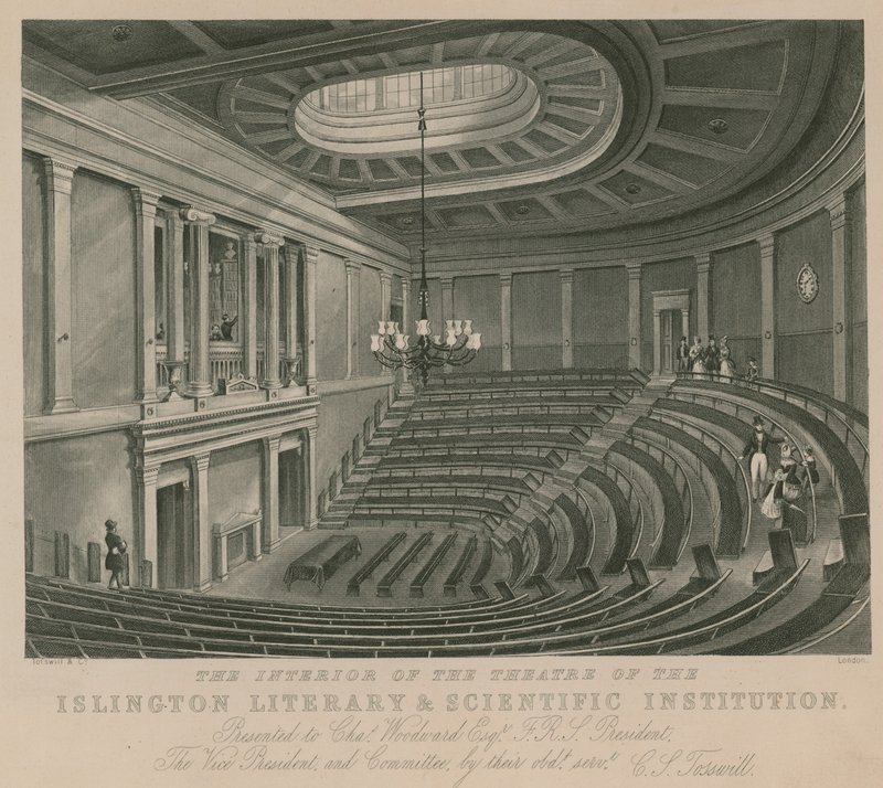 Islington Edebiyat ve Bilim Kurumu tiyatrosunun içi by English School