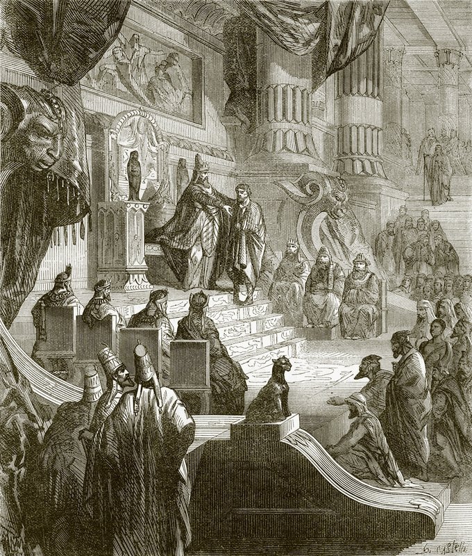 The king of Babylon receiving Jehoiachin after his release from prison by English School