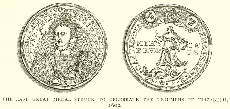 Elizabeth'in Zaferlerini kutlamak için verilen son Büyük Madalya, 1602 by English School