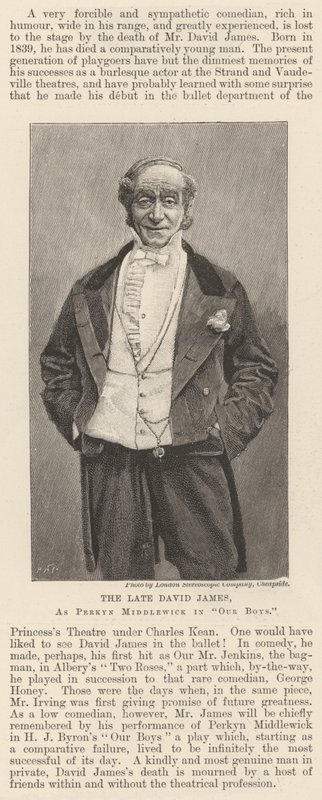 Merhum David James, "Our Boys"da Perkyn Middlewick rolünde (gravür) by English School