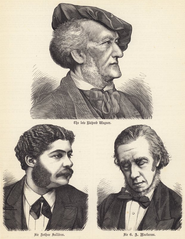 Rahmetli Richard Wagner, Sir Arthur Sullivan, Sir GA Macfarren (gravür) by English School