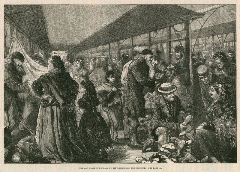 Eski kıyafet alışverişi, Phils Binaları, Houndsditch, Londra by English School