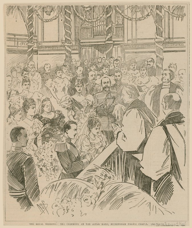 Kraliyet düğünü, sunak raylarındaki tören, Buckingham Sarayı Şapeli, 23 Temmuz 1896 by English School