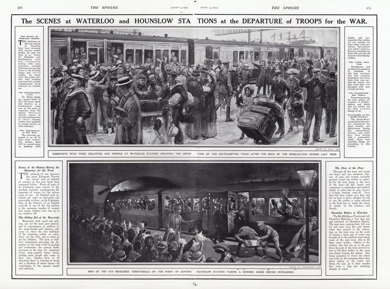Waterloo ve Hounslow İstasyonlarındaki askerlerin savaş için yola çıkışındaki sahneler, I. Dünya Savaşı, Ağustos 1914 by English School