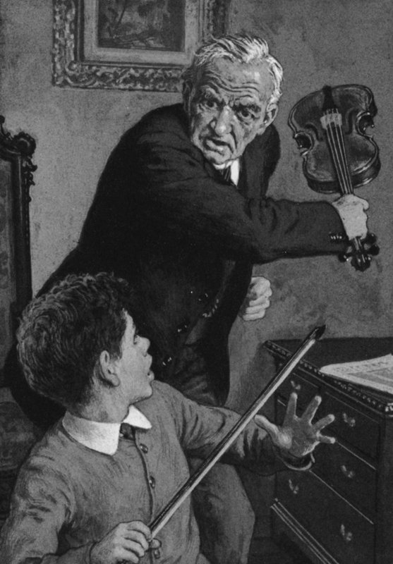 Genç Sir John Barbirolli, büyükbabası tarafından kafasına bir keman kırmak üzere (lito) by English School