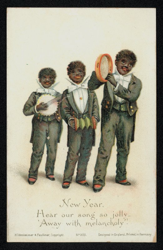 Müzik aletleri çalan üç siyah çocuk, Yeni Yıl tebrik kartı (chromolitho) by English School