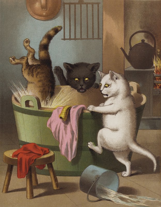Küvetle oynayan üç küçük kedi yavrusu (chromolitho) by English School