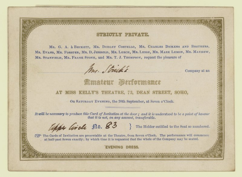 Charles Dickens amatör dramatik performans için bilet, 1845 by English School