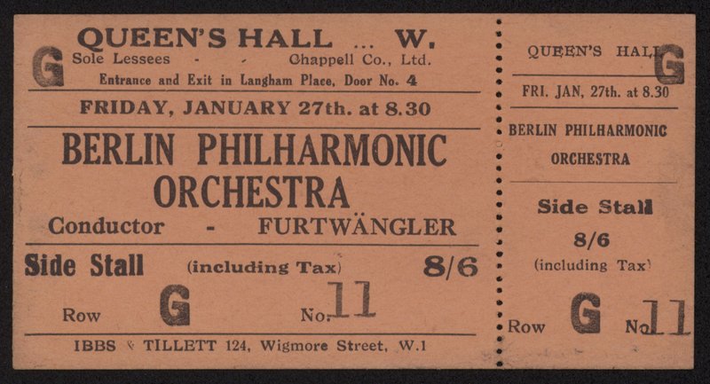 Berlin Filarmoni Orkestrası, Queens Hall, Londra konserine bilet 27 Ocak 1928 Cuma by English School