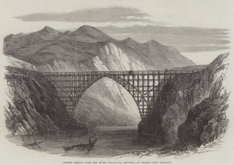 Wai-Au-Ua Nehri üzerinde ahşap köprü, Nelson Eyaleti, Yeni Zelanda (gravür) by English School