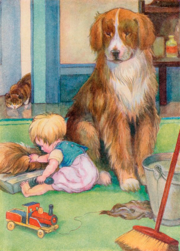 Bir köpeğin kuyruğuyla oynayan yürümeye başlayan çocuk (renkli taş) by English School