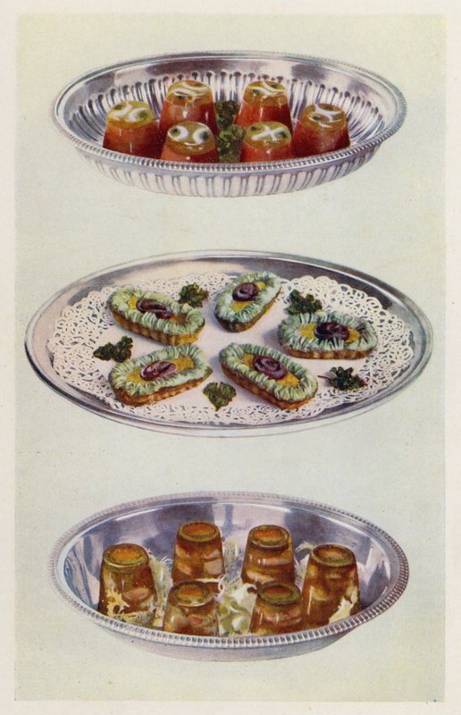 Domates Kremaları; Hamsi Gondolları; Aspic#39;te karides (renkli litho) by English School