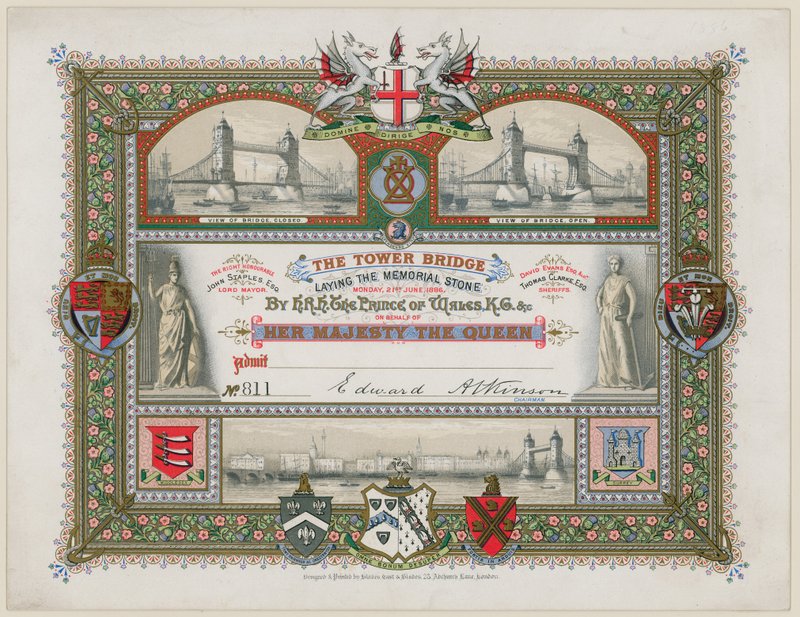 Tower Bridge, Londra, Anıt taşının döşenmesi için davet, 21 Haziran 1886 by English School