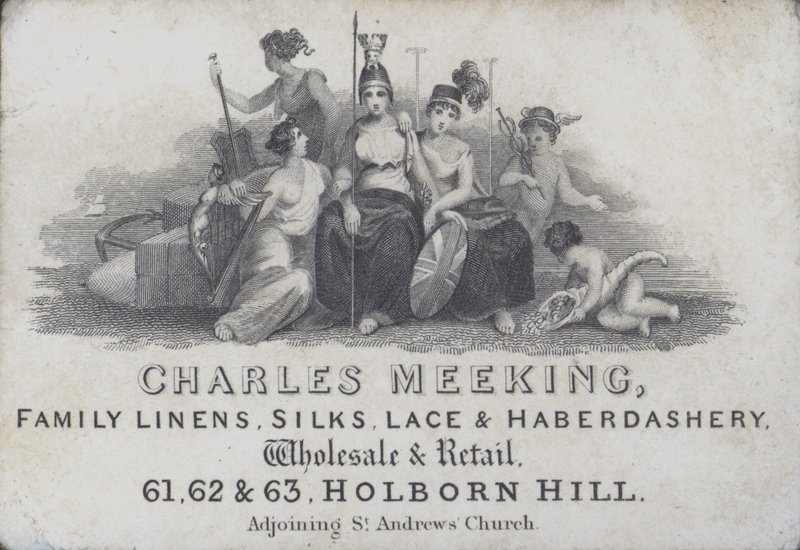 Ticari kart reklamı Charles Meeking, keten, ipek, dantel ve tuhafiye tüccarı, Holborn Hill, Londra (gravür) by English School