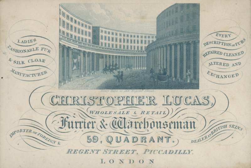 Ticari kart reklamı Christopher Lucas, toptan ve perakende kürkçü ve depocu, 59, Quadrant, Regent Street, Piccadilly, Londra (gravür) by English School