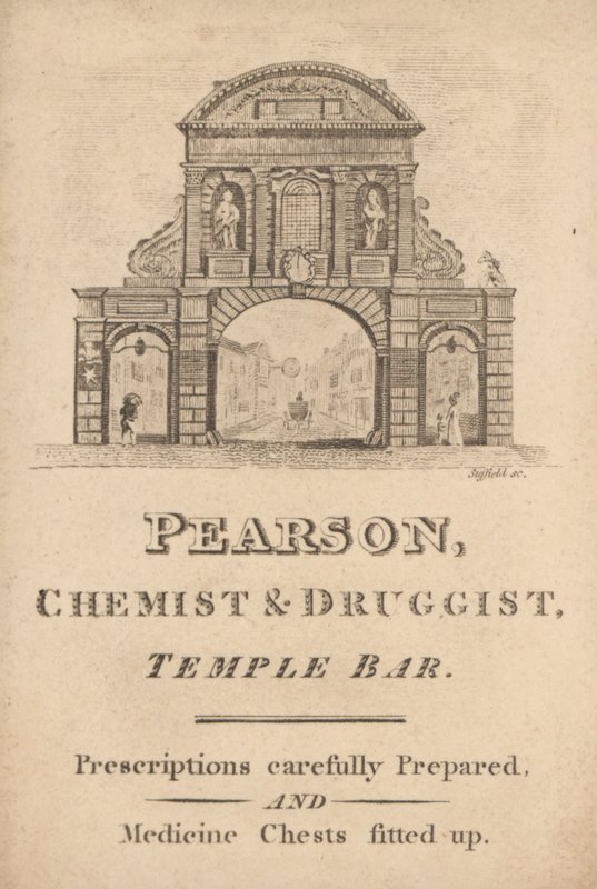 Pearson, kimyager ve eczacı, Temple Bar, Londra için ticaret kartı (gravür) by English School