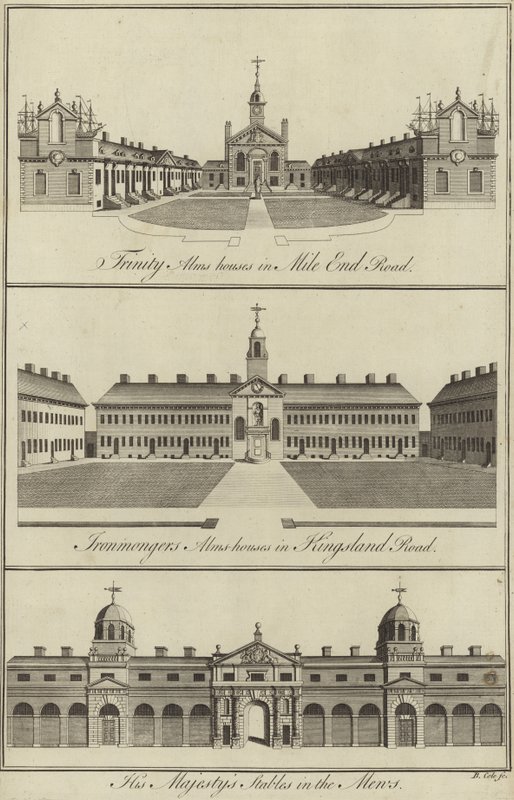 Mile End Road'daki Trinity Almshouses, Kingsland Road'daki Ironmongers Almshouses ve Mews, Londra'daki Majestys Ahırları by English School