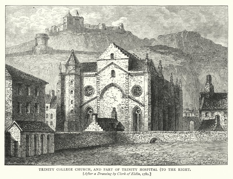 Sağda Trinity College Kilisesi ve Trinity Hastanesinin Bir Parçası (gravür) by English School