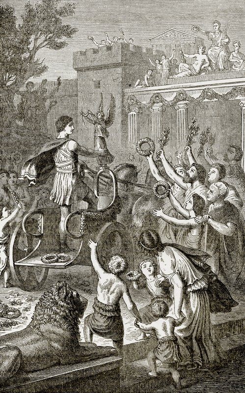 Bir Olimpiyat galipinin zaferle dönüşü, Ward Lock tarafından yayınlanan The Illustrated History of the World'den bir çizim, c.1880 by English School