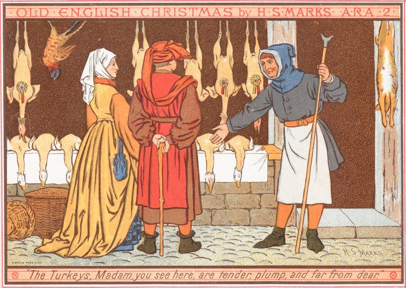 Kasap penceresinde asılı hindiler, Noel kartı by English School