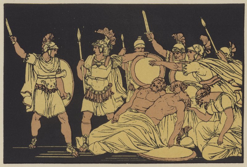 Almo ve Galaesus'un (renkli litho) cesetlerinin üzerine dönün by English School