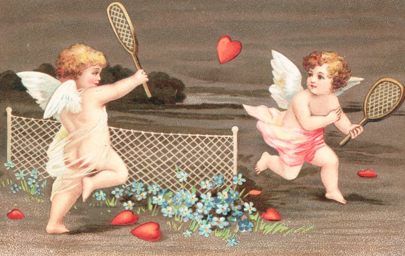 Bir top için bir kalp ile tenis oynayan iki melek by English School