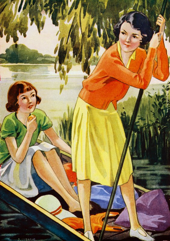 Bir nehirde punting yapan iki kız (renkli taş) by English School