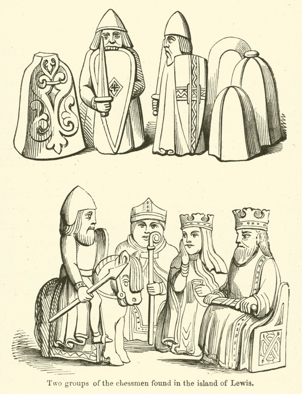 Lewis adasında bulunan iki satranç taşı grubu (gravür) by English School
