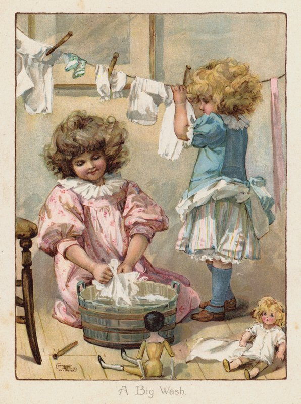 Bebeklerinin kıyafetlerini yıkayan iki küçük kız (chromolitho) by English School