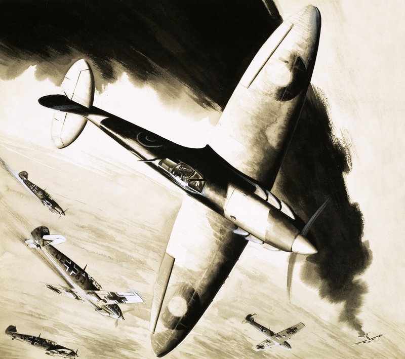 Alman savaşçılarla it dalaşında kimliği belirsiz Spitfire by English School