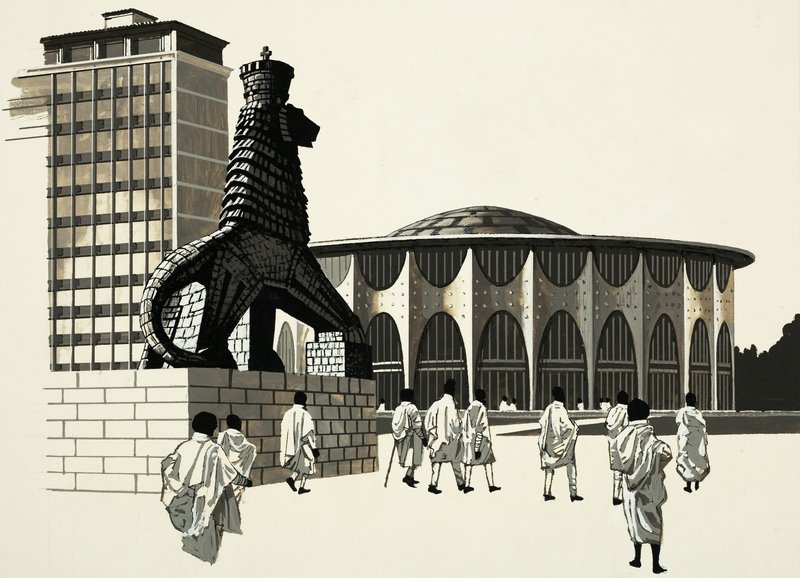 Garip heykel ile tanımlanamayan şehir sahnesi by English School