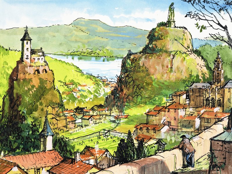 Tepedeki heykelin karşısındaki kayada kilise ile tanımlanamayan kırsal sahne by English School