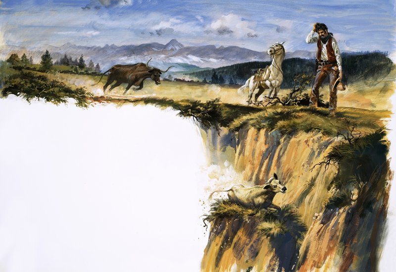 Unidentified cowboy scratches head as he wonders how to save a steer by English School