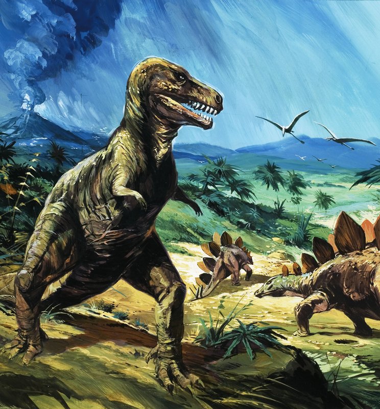 T-Rex ve Stegosaurus ile tanımlanamayan dinozor sahnesi by English School