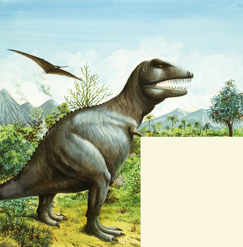 T Rex ve Pterodactyl ile tanımlanamayan dinozor sahnesi by English School