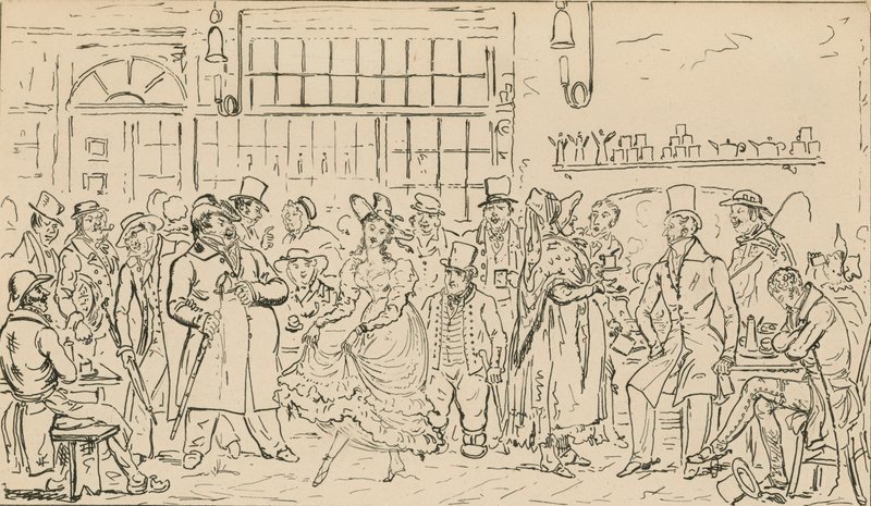 Muhtemelen Cock and Hen Club ile ilgili tanımlanamayan sahne by English School
