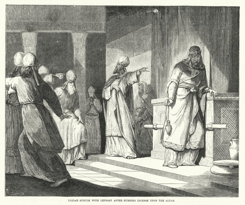 Uzziah, Sunak üzerinde Tütsü yaktıktan sonra Cüzzam ile vurdu (gravür) by English School