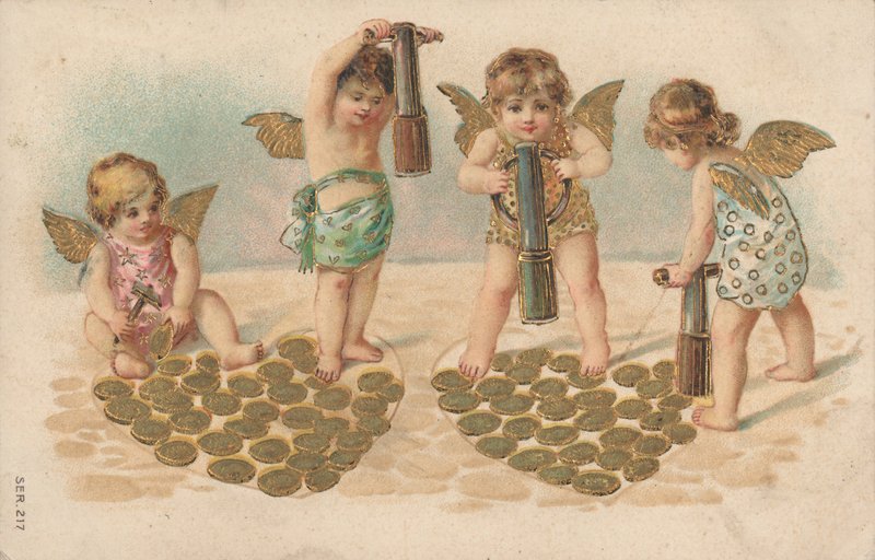 Sevgililer günü kartı, kalpleri damgalama putti by English School