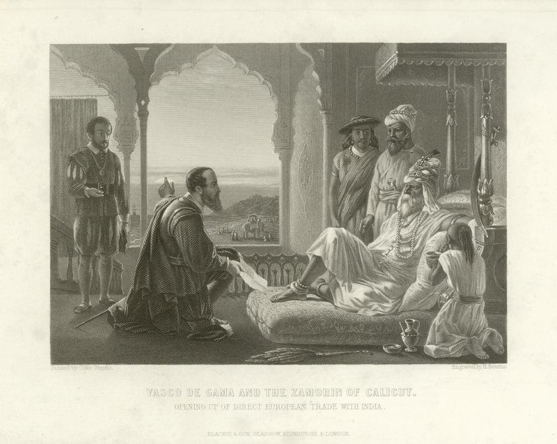 Vasco da Gama ve Calicut Zamorin, 1498 by English School