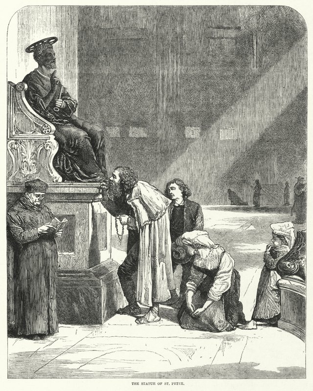Vatikan, Aziz Petrus, Aziz Petrus heykelinin ayak parmaklarını öpüyor (gravür) by English School
