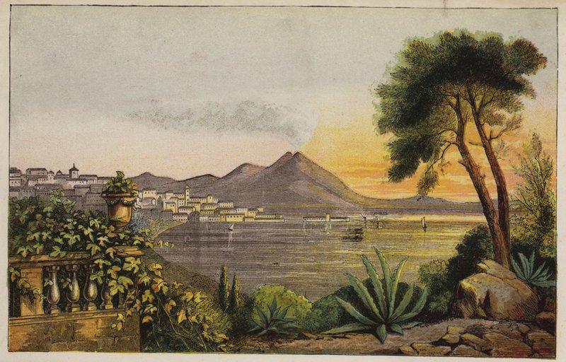Vezüv ve Napoli Körfezi, İtalya (renkli gravür) by English School