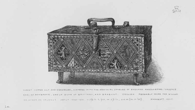 Victoria ve Albert Müzesi: Tabut, bakır yaldızlı ve emaye kaplı, İngiltere Armorial Shields, Angoulesme, Valence, Pembroke Kontu, Dreux Duke of Brittany ve Brabant, İngilizce, muhtemelen William veya Aymer de Valence için yapılmış, yaklaşık 1290- 13 by English School