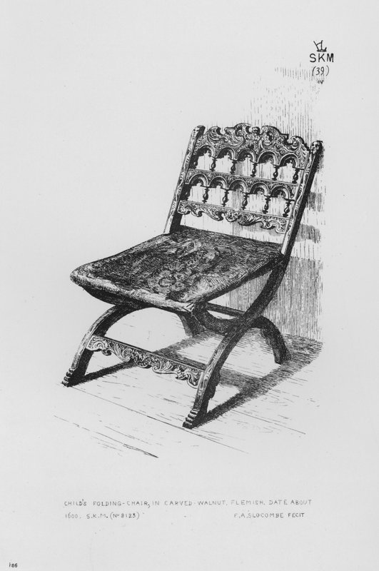 Victoria ve Albert Müzesi: Katlanır Çocuk Sandalyesi, oyma ceviz, Flaman, yaklaşık 1600 tarihli (gravür) by English School