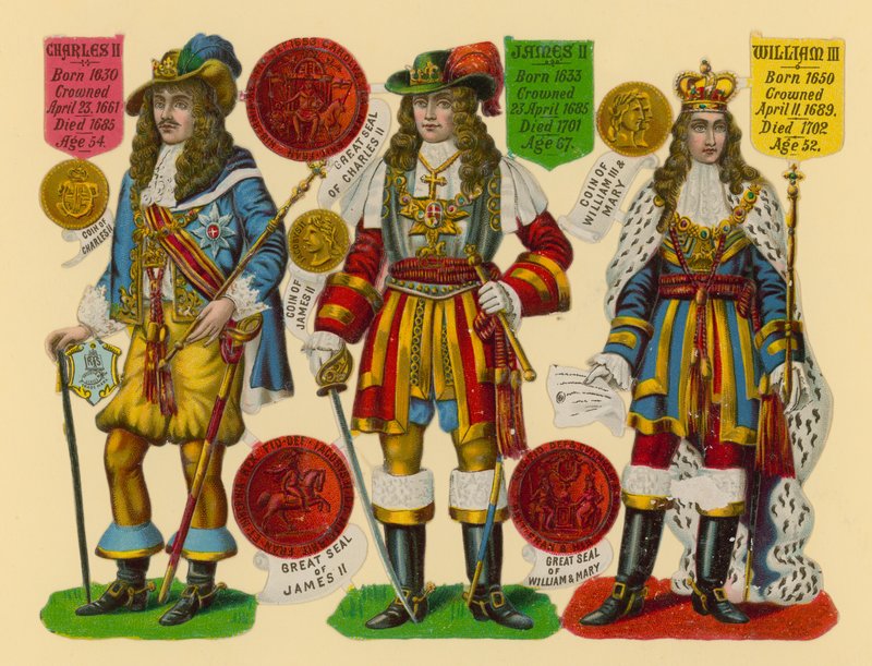 Viktorya dönemi hurdası: King Charles II, King James II, King William III by English School