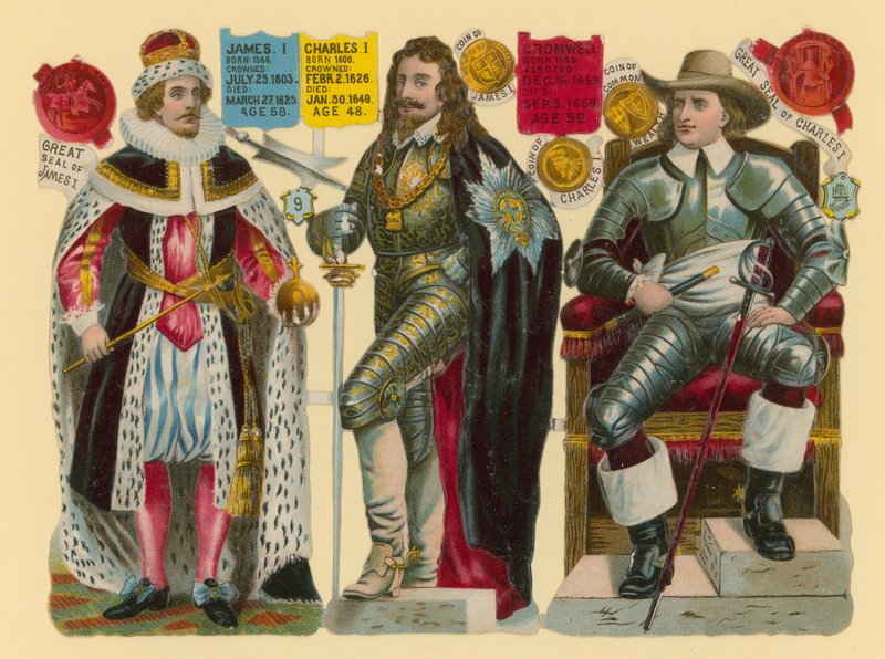 Viktorya dönemi hurdası: King James I, King Charles I, Oliver Cromwell by English School
